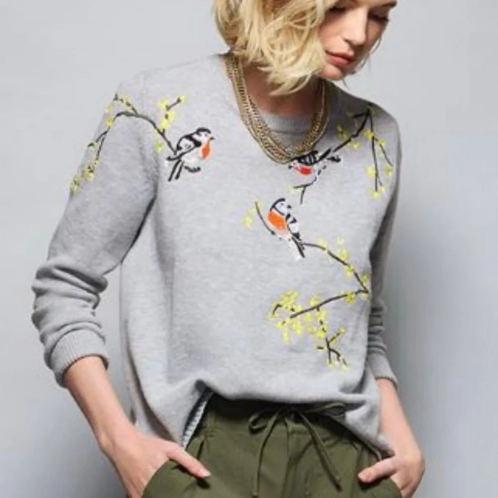 CAbi Gray Sweater with Bird Embroidery - Picture 1 of 11